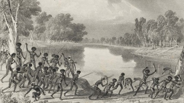 a hand-drawn image of Aboriginal people holding spears by a river with trees in the background