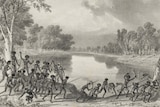 a hand-drawn image of Aboriginal people holding spears by a river with trees in the background