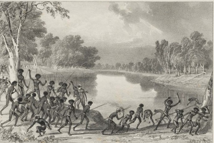 a hand-drawn image of Aboriginal people holding spears by a river with trees in the background