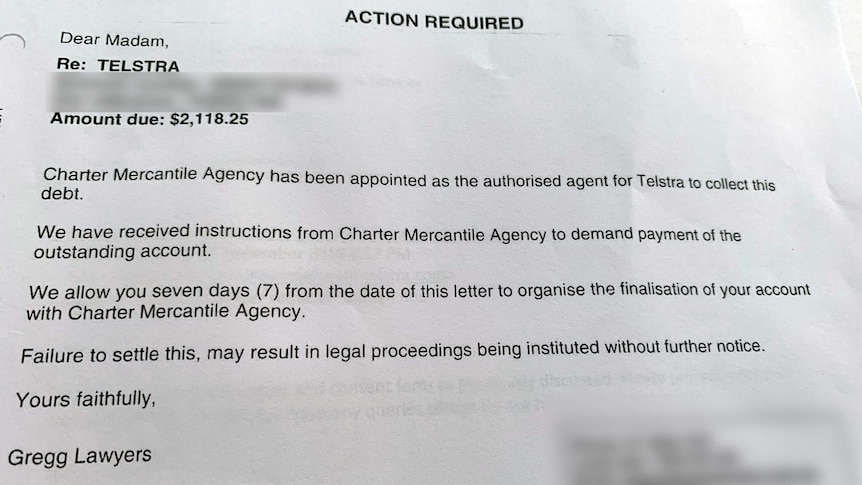 A legal letter headed "action required" demanding payment for a debt of $2,118.