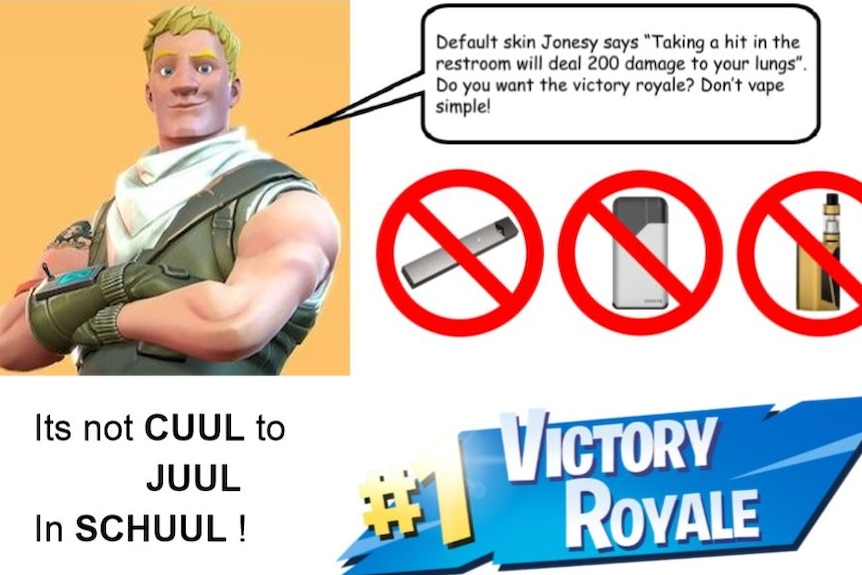 A poster depicting Fortnite character Jonesy warning students from vaping