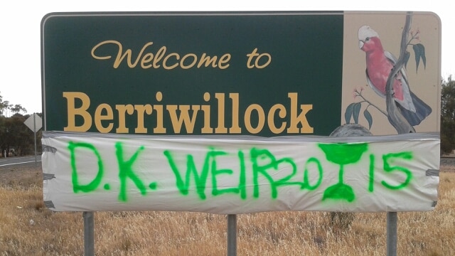 Berriwillock, the home town of Darren Weir, hung banners at the town's entrance following his Melbourne Cup victory.