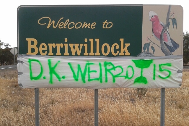 Berriwillock, the home town of Darren Weir, hung banners at the town's entrance following his Melbourne Cup victory.