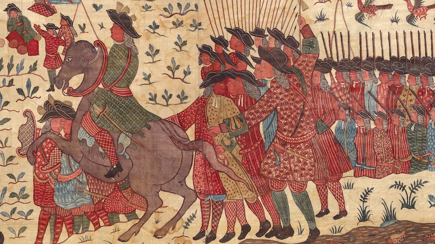 A number of soldiers, stand in line, one on a horse, some hold spears. Above them are ships.