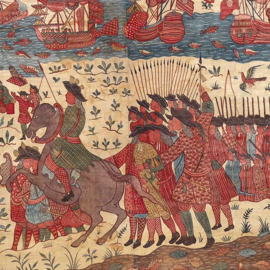 A number of soldiers, stand in line, one on a horse, some hold spears. Above them are ships.