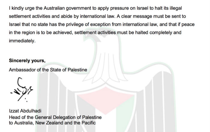 A letter from the ambassador of Palestine to Australia.