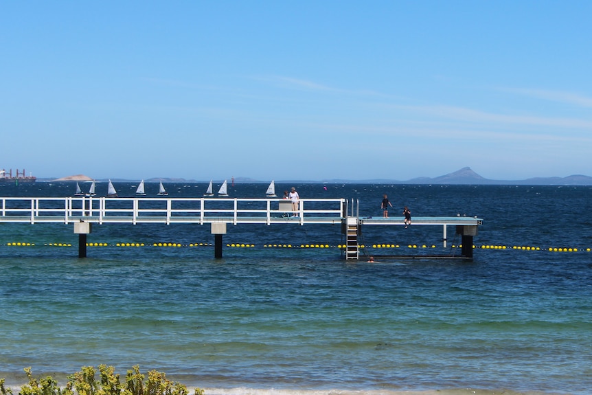 Children jump off the jetty at the Esperance foreshore