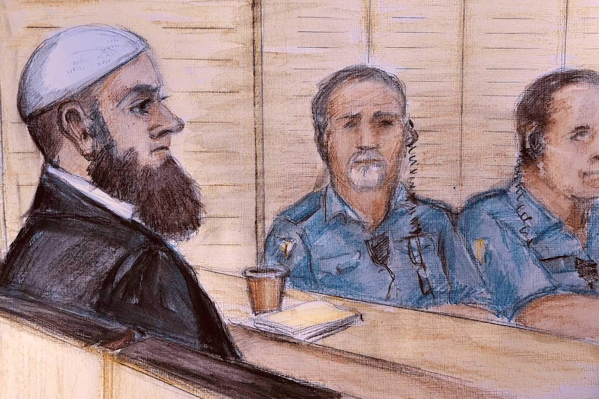 Sketch of Agim Kruezi in court