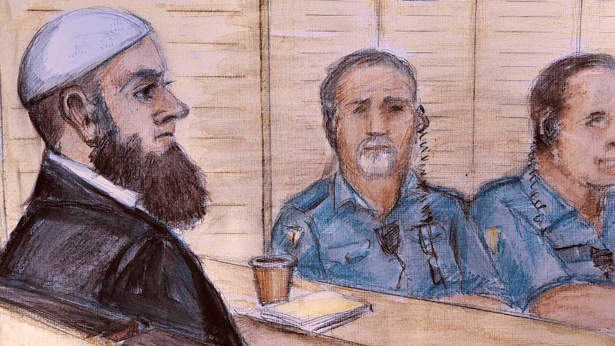 Sketch of Agim Kruezi in court