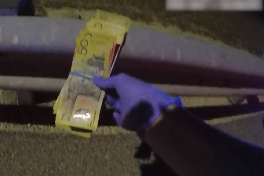 A picture of a gloved hand holding a stack of 50-dollar notes.