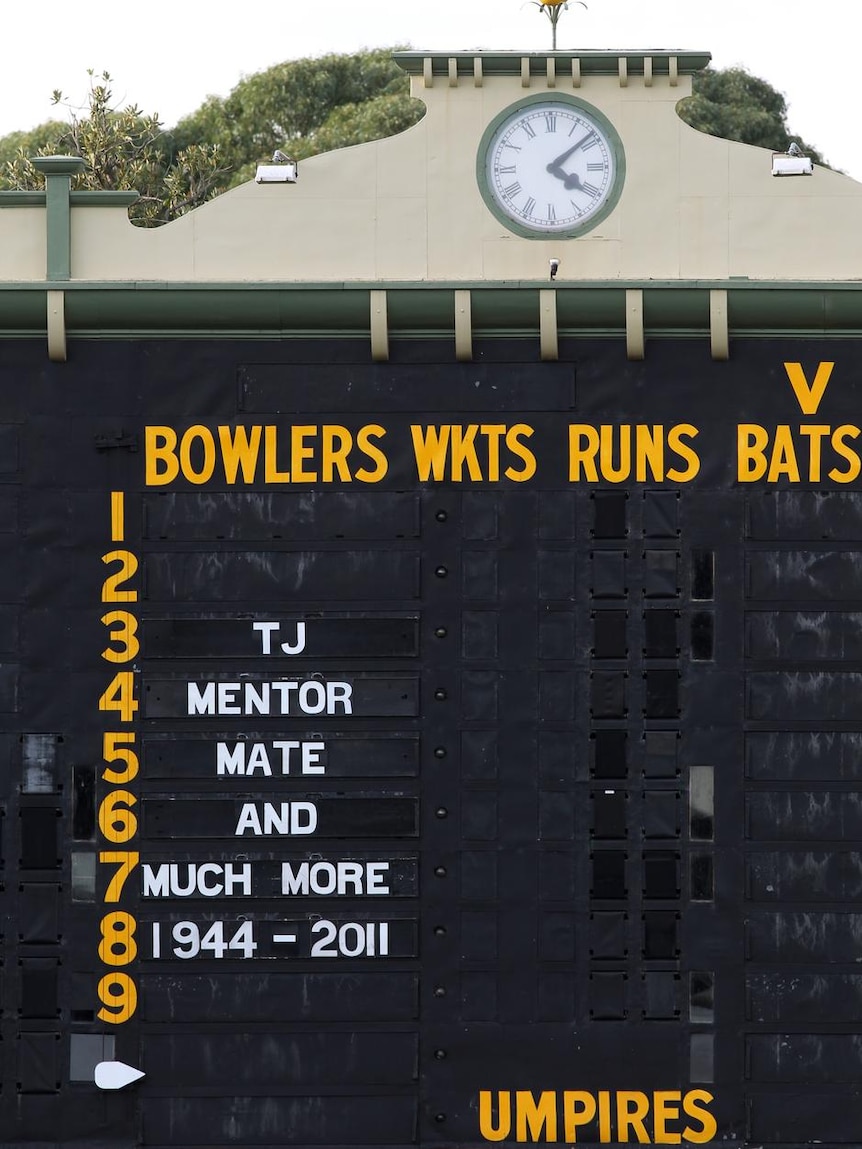 The scoreboard at Adelaide Oval is used to honour Terry Jenner at his funeral