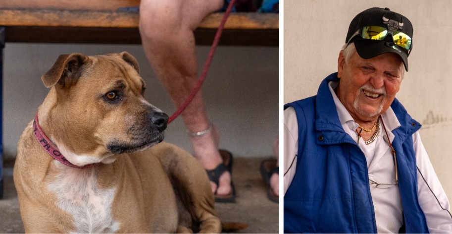 Una imagen compuesta de un perro sentado a los pies de un hombre y un hombre riendo.