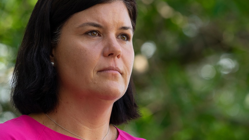 Natasha Fyles is wearing a pink shirt and looking serious into the distance.