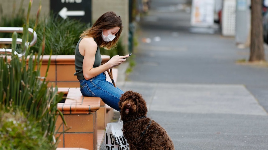 A woman wearing a mask and holding a dog on a leash looks at her phone.