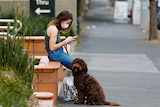A woman wearing a mask and holding a dog on a leash looks at her phone.