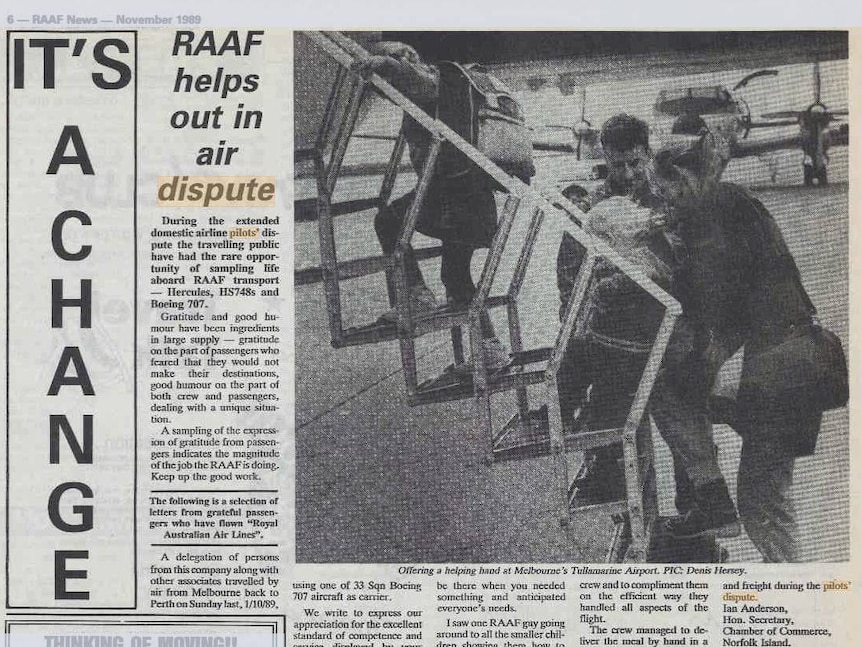 An old black and white newspaper showing RAAF helps out in dispute.