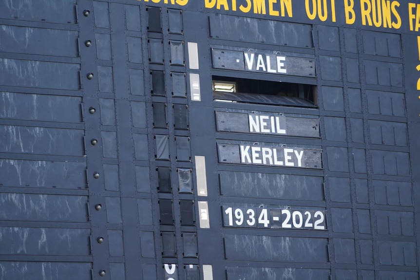 A tribute to the late Neil Kerley on the scoreboard at Adelaide Oval.