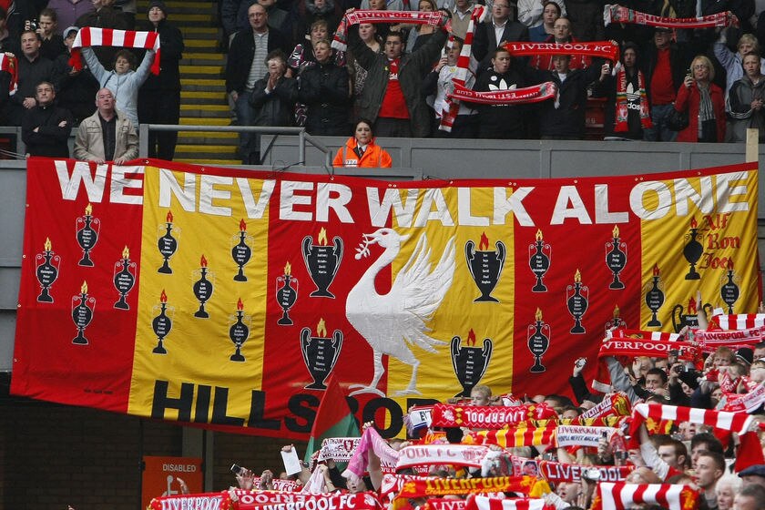 Liverpool fans band together at Anfield in 2009 during a memorial service to mark the 20th anniversary of the disaster.