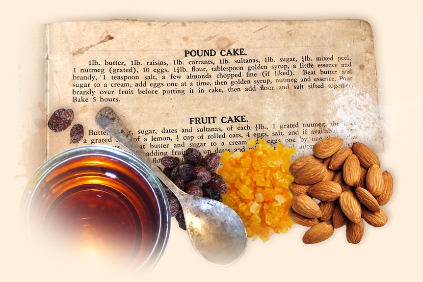 A graphic with a typed recipe for pound cake, with dried fruit in foreground.