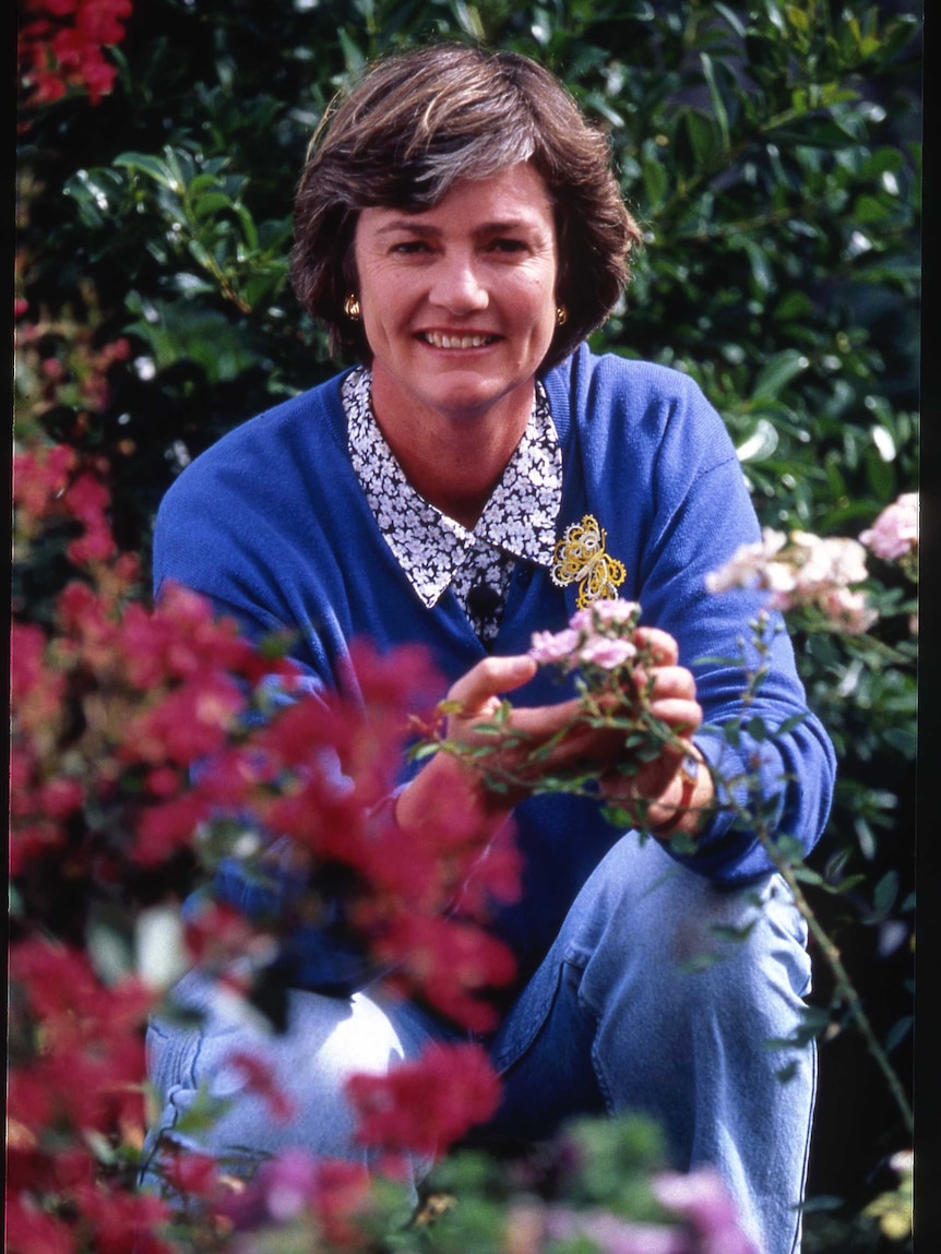 Edmanson in garden touching flowers on a plant.