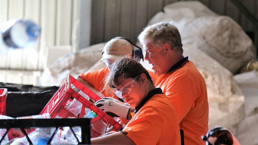 workers sorting recycling