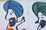 Three children wearing turbans in front of a Turban and Trust sign.