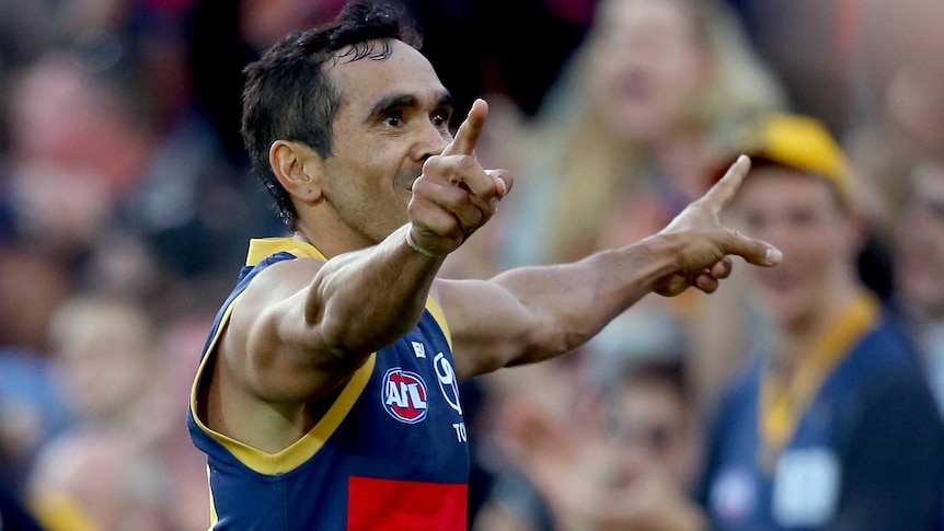 Eddie Betts celebrates kicking a goal for the Crows against Port Adelaide