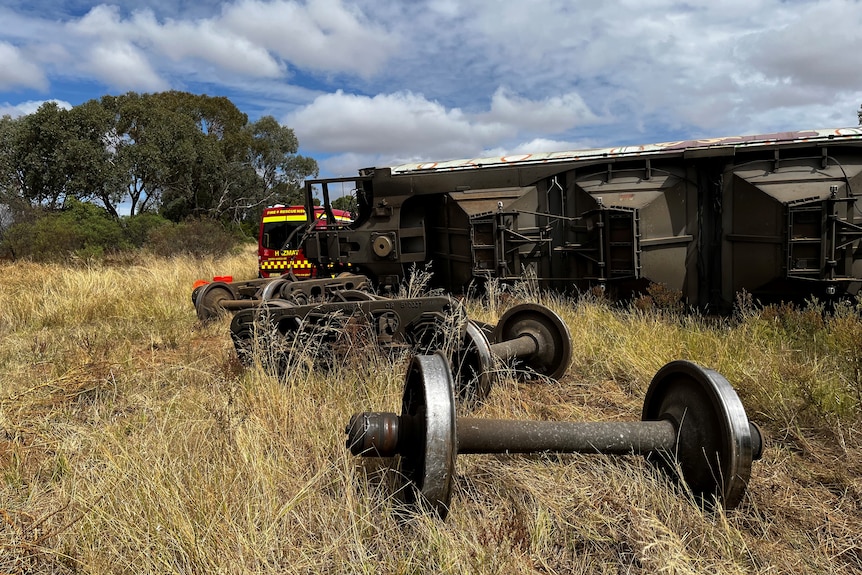 Train wheels in long grass in front of a carriage on its side.