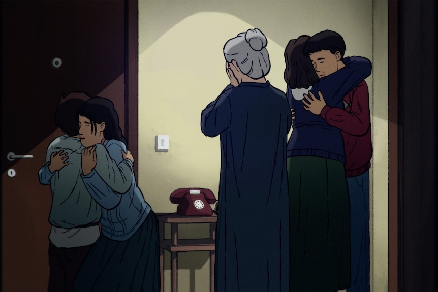 A still from an animated movie featuring a Middle Eastern family hugging goodbye, including a tearful older woman