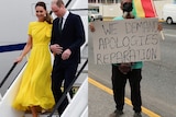 composite image of the duke and duchess of cambridge exiting a plane on the left and a protester holding a cardboard sign right
