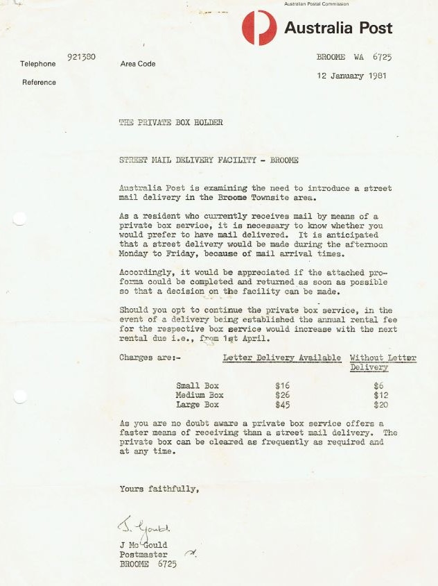 A letter from Australia Post examining the demand for street mail delivery in Broome in 1981.