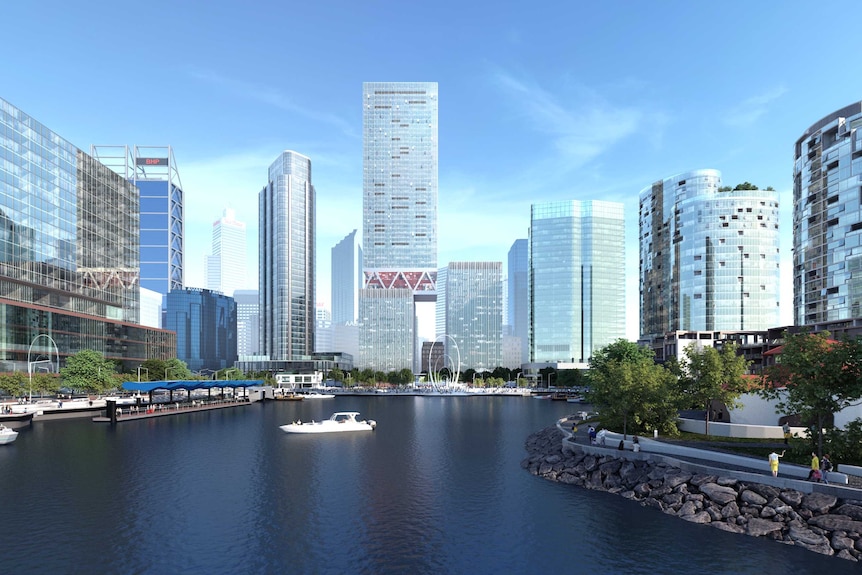 An artist's impression of a busy outdoor plaza at Elizabeth Quay with towers in the background. It is daytime.