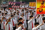 North Korean youth and students march from the Pyongyang Youth Park Open-air Theatre to Kim Il Sung Square.