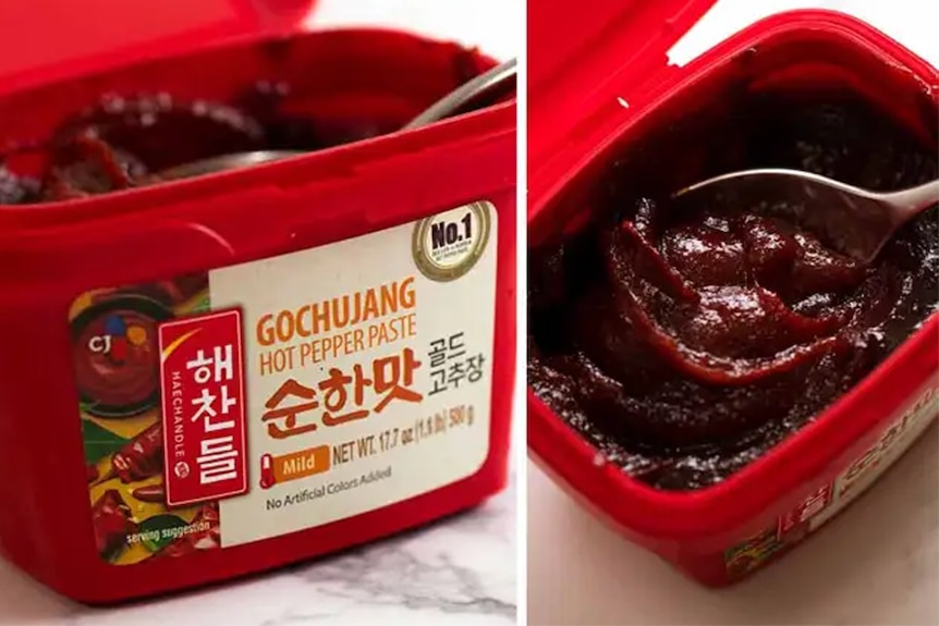 Photo of the left shows a box of gochujang paste, the second image shoes the paste inside the box