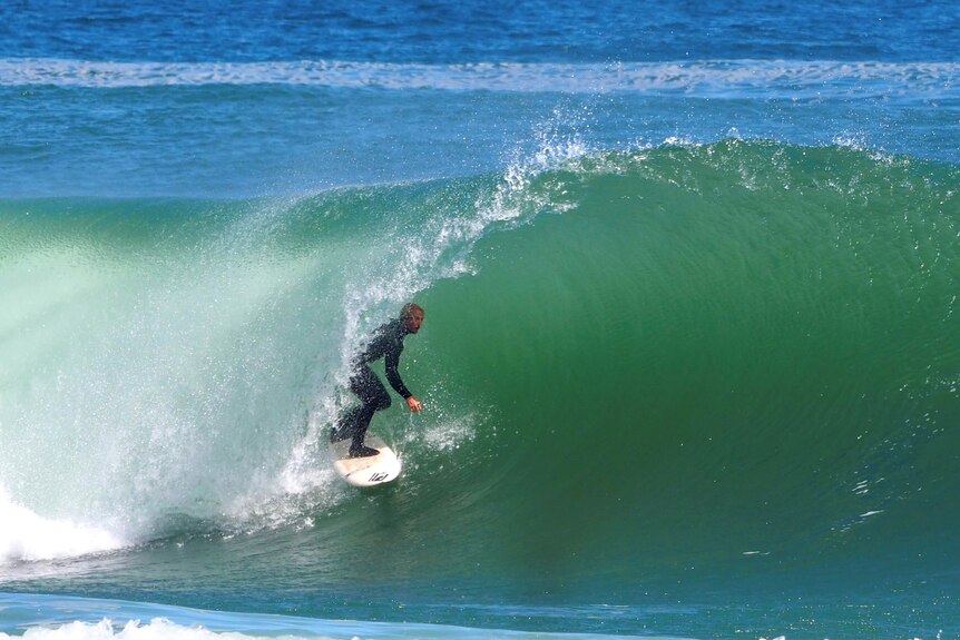 A surfer in the tube of a wave.