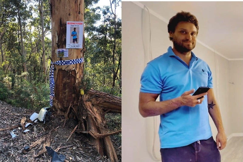 Composite image of a tree with missing persons banner and police tape next to a man in a blue top holding a mobile phone.