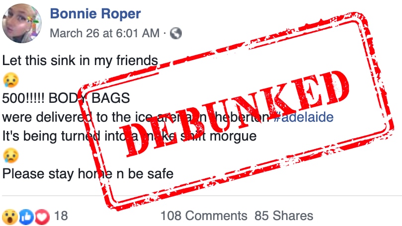 A Facebook post claiming an Adelaide ice arena is being converted into a morgue