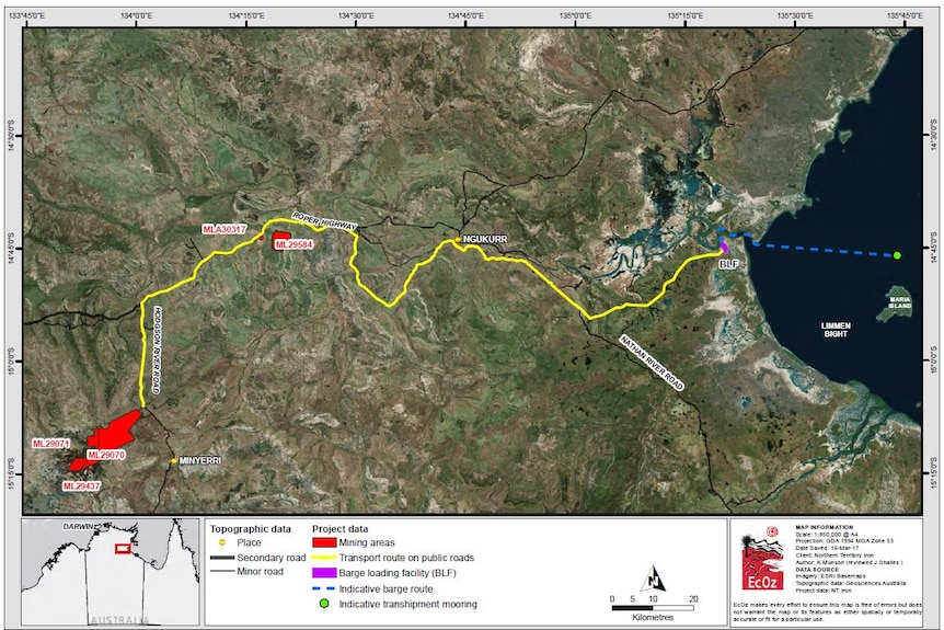 a map of the roper valley showing a road where NTIO plans to truck iron ore.