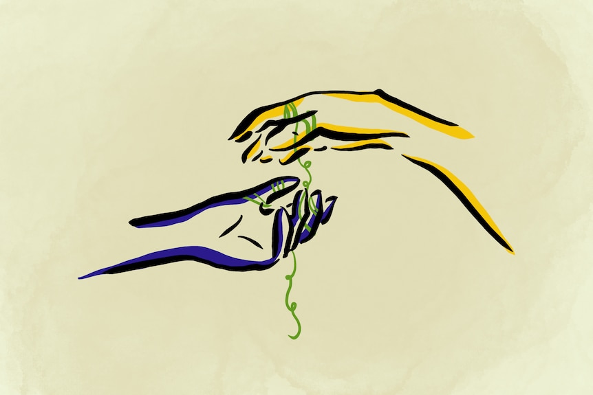 Purple and yellow sketched hands with string entwined through the fingers of both.