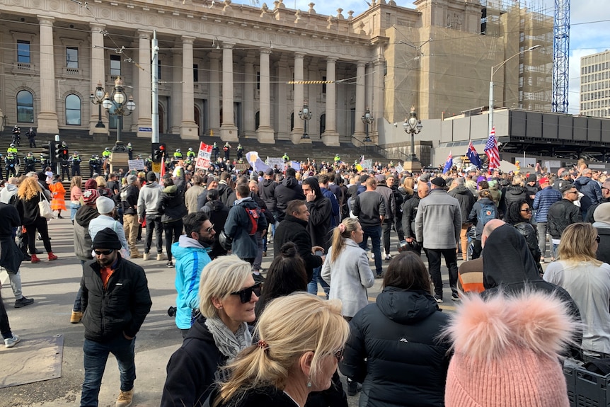 Crowds gather at an anti-lockdown protest in Melbourne on Saturday July 24, 2021.