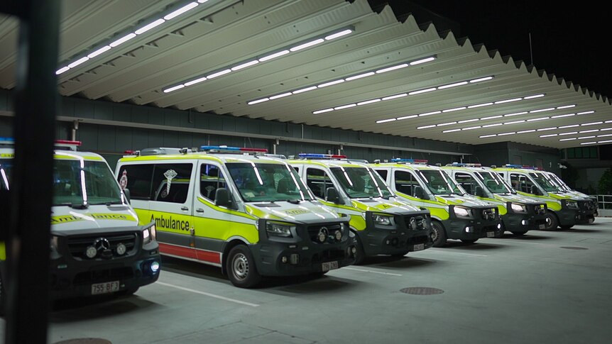 A line-up of ambulances at Caboolture Hospital