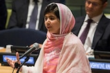 Malala Yousafzai speaking at the UN Youth Assembly on July 12, 2013