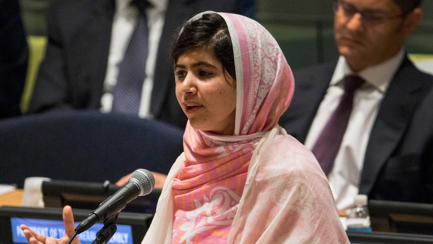 Malala Yousafzai speaking at the UN Youth Assembly on July 12, 2013