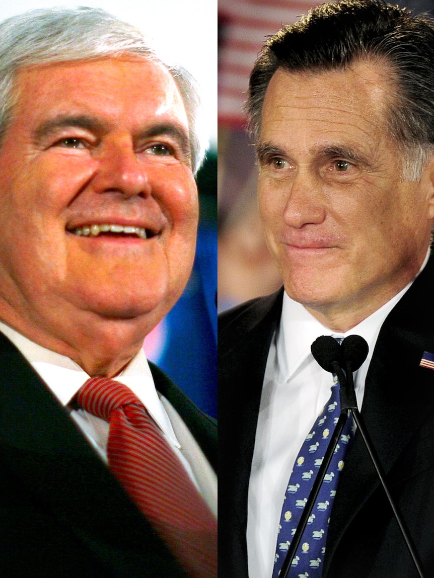 LtoR Newt Gingrich and Mitt Romney at their primary election night rallys in Columbia.