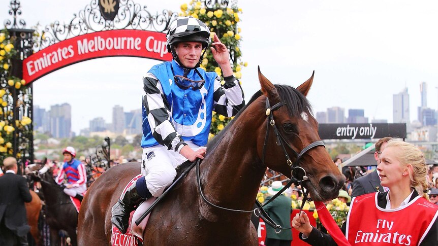 Ryan Moore celebrates atop Protectionist after Melbourne Cup win