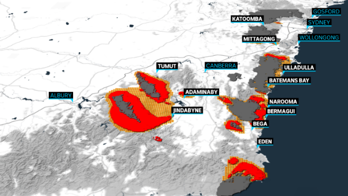 A map of NSW fire-affected areas and possible spread of fire on January 4.