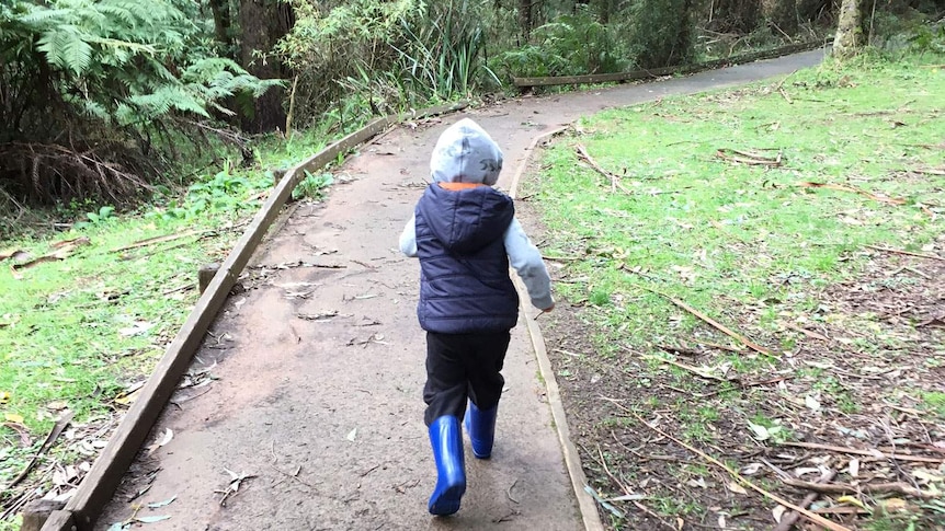 A young child runs down a path in a rainforest.