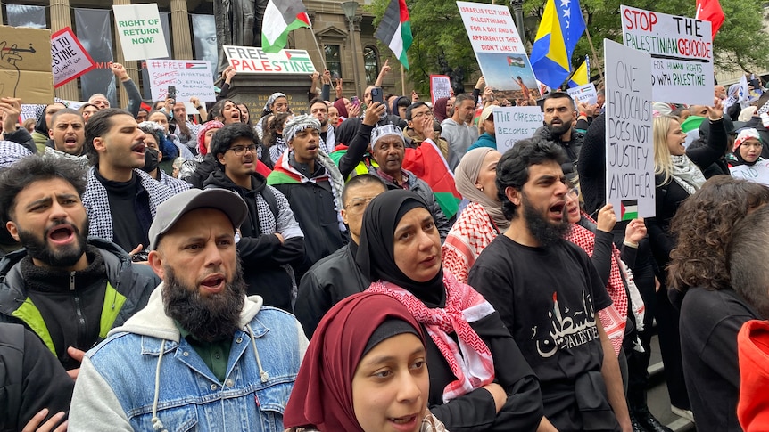 A crowd of people chanting and holding pro-Palestinian signs at a rally.