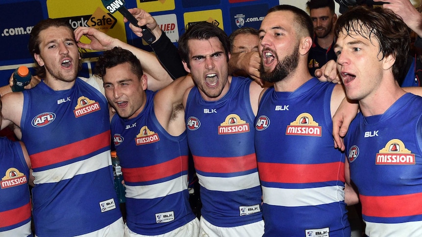 Western Bulldogs celebrate their win over Hawthorn