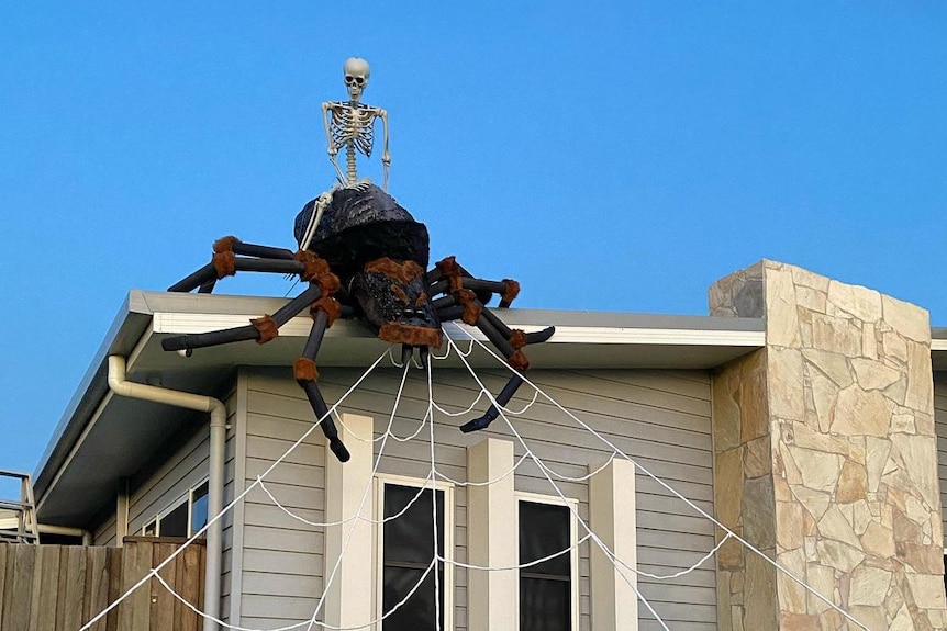 A giant homemade spider sits on the roof of a single-storey house.